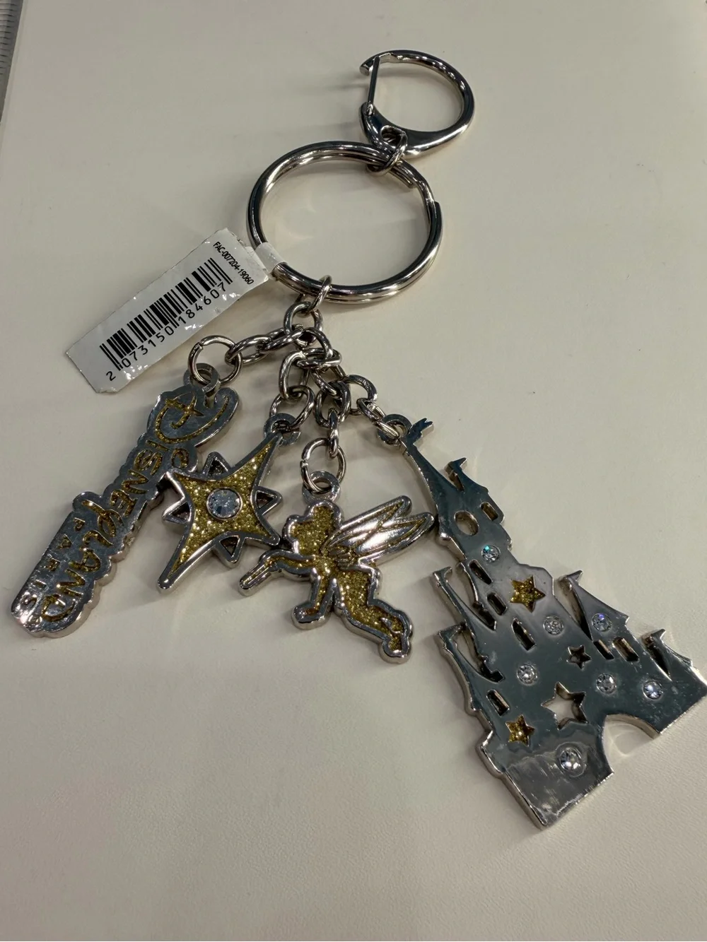 NWT Disneyland Paris Keychain Tinkerbell Sleeping Beauty Castle Gold Glitter